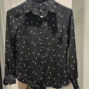 XXS P black Banana Republic long sleeve button up blouse with small white llamas